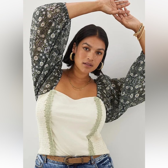 Anthropologie Smocked Balloon Sleeve Top Moss Green Size XL - Picture 4 of 7